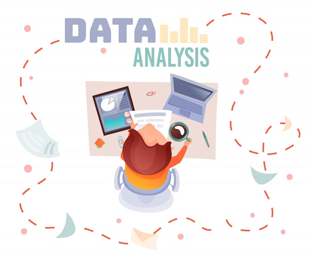 Man working with documents and laptop, topview concept, data analysis text with dotted frame line