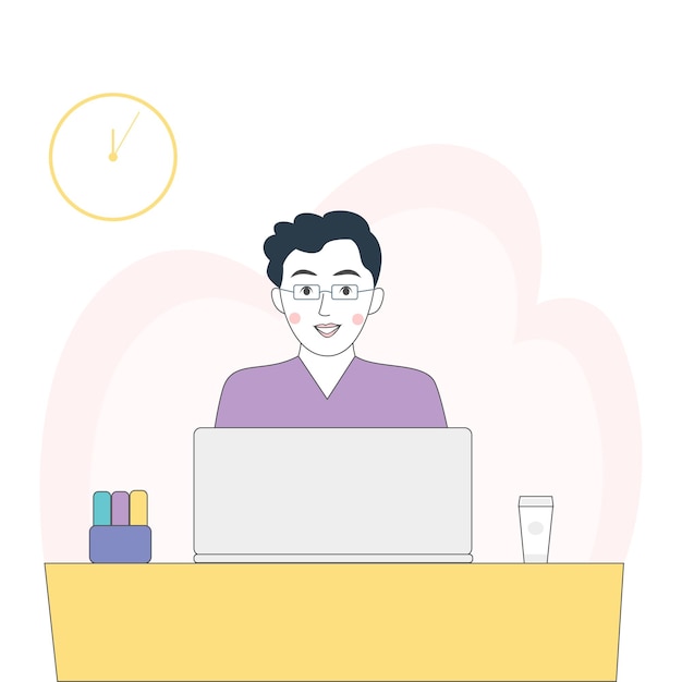 A man works at a computer Flat illustration in a minimalist style