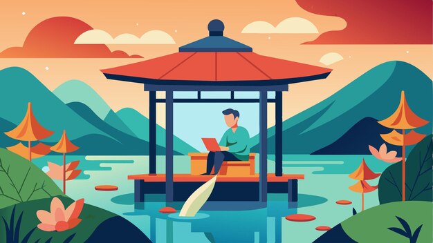 Vector a man works from a traditional wooden gazebo in a japanese garden enjoying the view of a graceful