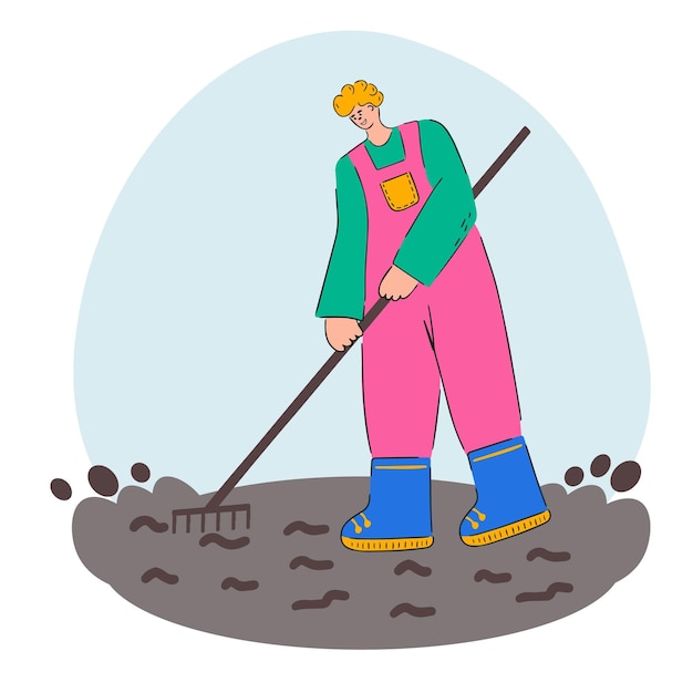 A man works the ground with a rake agricultural autumn work harvesting flat illustration