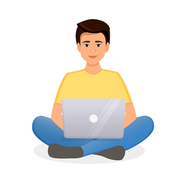 Man works at the laptop computer Flat vector illustration of freelance