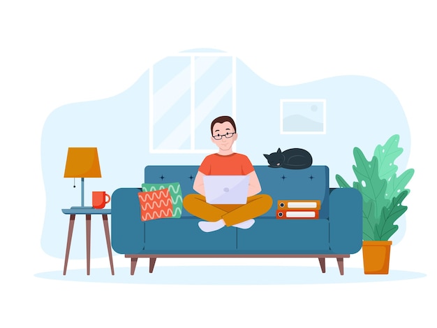 A man works on a laptop on the couch Work from home concept Freelance