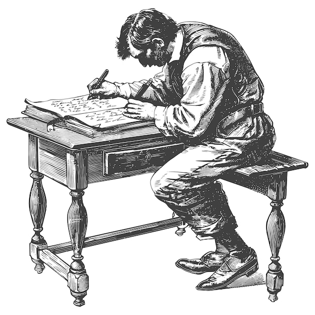 Vector man writing on the book sitting on the desk with engraving style black color only