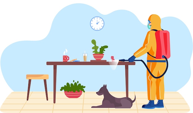 Man in a yellow protective suit disinfects the living room with dog or office with a spray gun. Virus pandemic COVID-19. Prevention against Coronavirus disease, premises sanitization flat vector