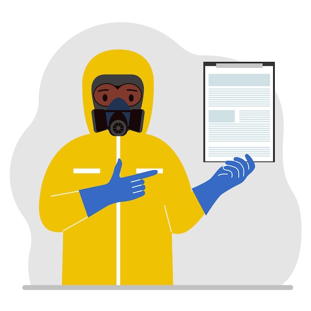 A man in a yellow radiation protective suit and a helmet with a respirator, chemical or biological safety uniform. Holds a clipboard with a document. Vector flat illustration.