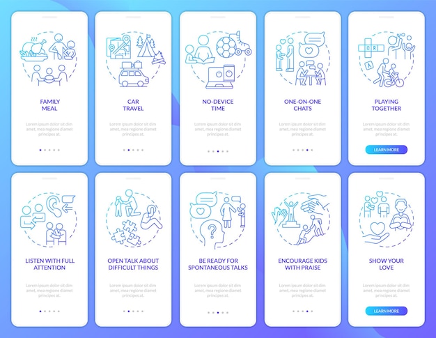 Manage family relations blue gradient onboarding mobile app screen set