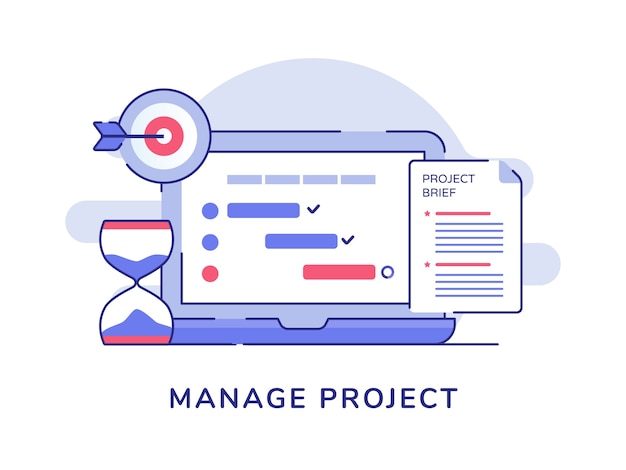 Manage project concept check list document on display laptop monitor hourglass target goal white isolated background 