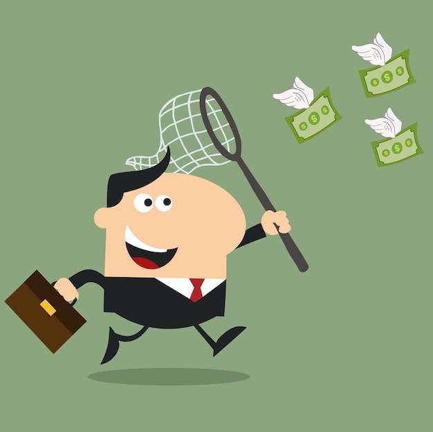 Manager Chasing Flying Money With A Net.Flat Design Style Vector Illustration