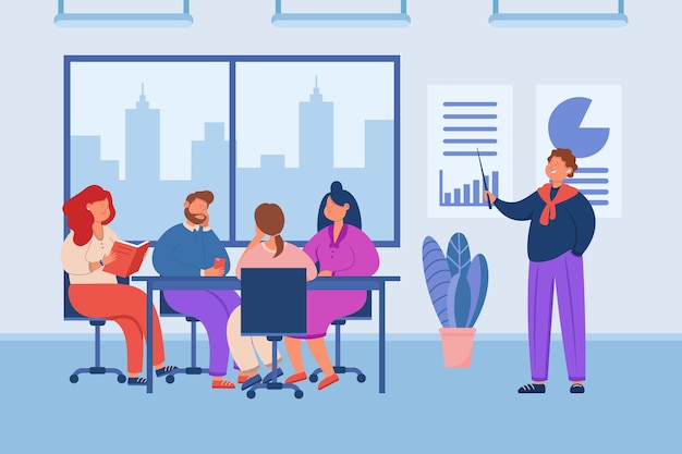 Manager giving tiresome presentation to audience in office. Cartoon character giving boring lecture to team of people, training at work flat  illustration