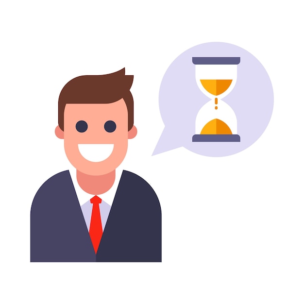 The manager marks the time on the hourglass. flat vector illustration.