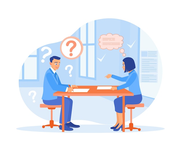 Manager talking to candidate inside the office Ask each other questions and answers during the interview Job interview concept Flat vector illustration