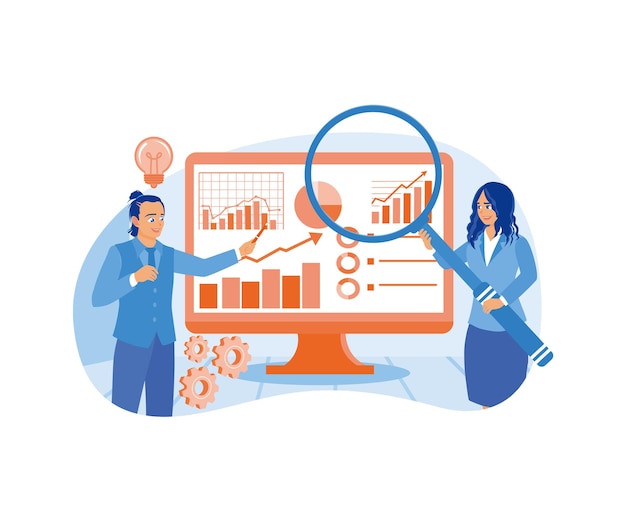 Vector managers and coworkers analyze infographic data create project management to improve marketing marketing research concept flat vector illustration