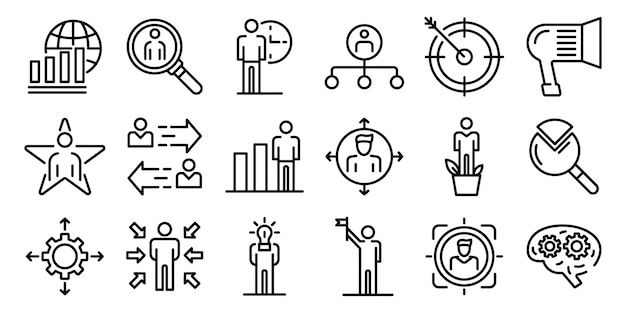 Managing skills icons set, outline style