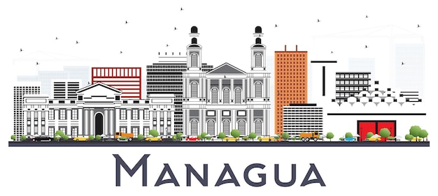 Managua Nicaragua Skyline with Gray Buildings Isolated on White. Vector Illustration. Business Travel and Tourism Concept with Modern Architecture. Managua Cityscape with Landmarks.