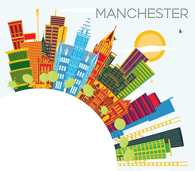 Manchester Skyline with Color Buildings Blue Sky and Copy Space