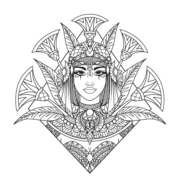 Mandala art Cleopatra head illustration for adult coloring book, laser cut,paper cutting, engraving, printing on product. Vector illustration.