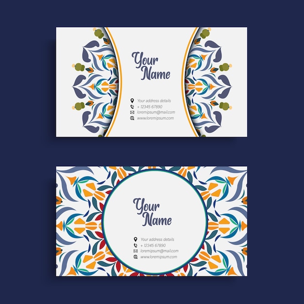 Vector mandala business cards with a white circle and a gold border