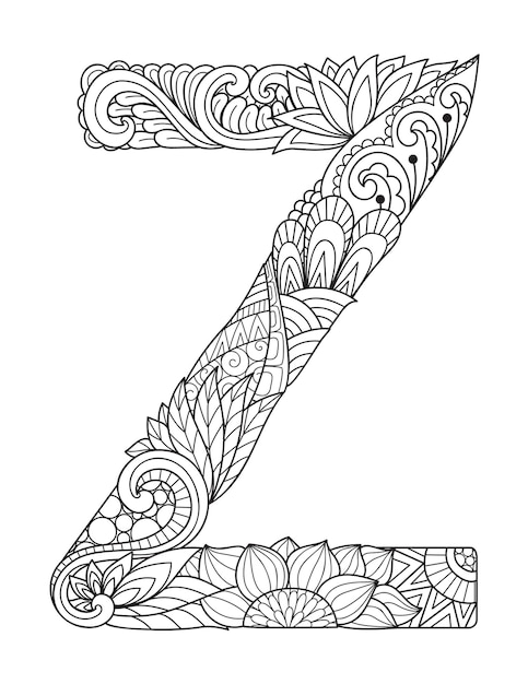 Mandala letter Z monogram, adult coloring book, engraving design. 