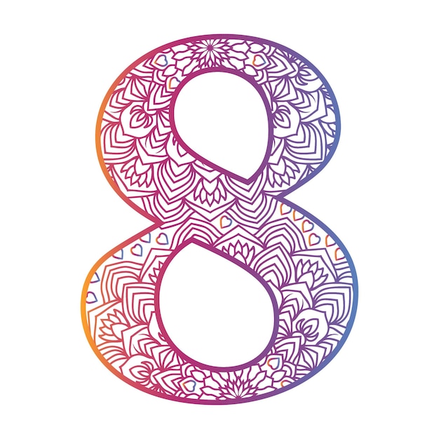 Mandala number letter with colorful ornamental design gradient color number