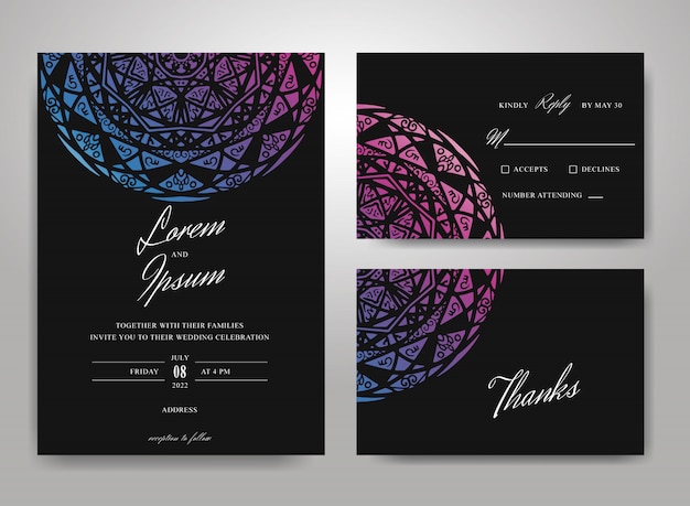 Vector mandala wedding invitation card template set