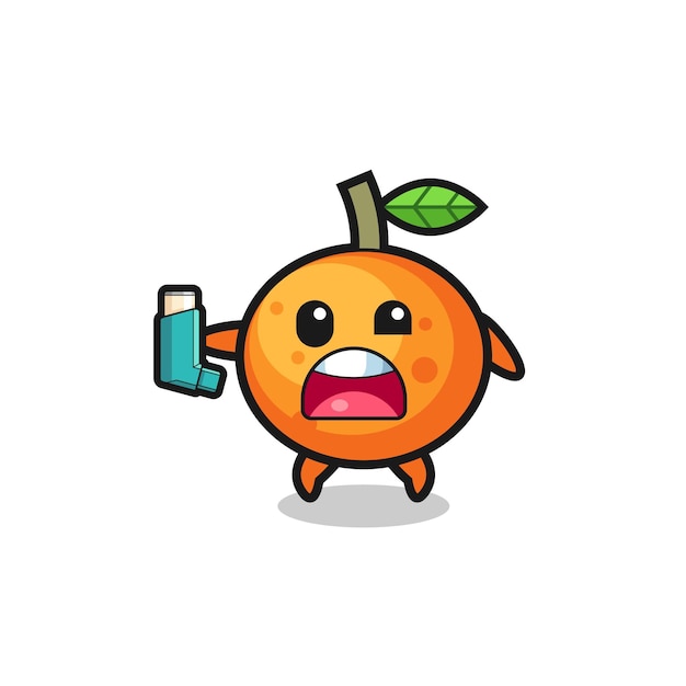 Mandarin orange mascot having asthma while holding the inhaler , cute design