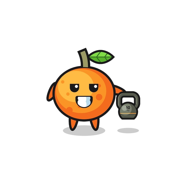 Mandarin orange mascot lifting kettlebell in the gym