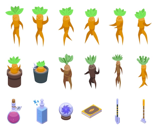 Mandrake icons set isometric vector Ancient alchemy