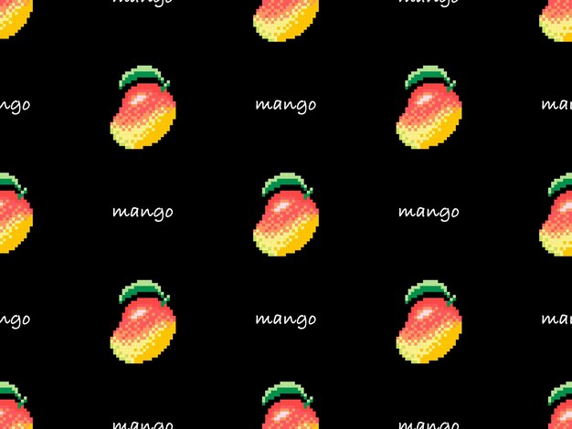 Mango cartoon character seamless pattern on black background Pixel style