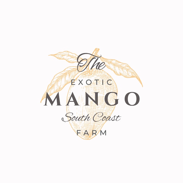 Mango Farms Abstract Vector Sign Symbol or Logo Template Hand Drawn Mango with Leaves Sketch with Retro Typography Vintage Luxury Emblem