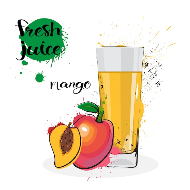 Mango Juice Fresh Hand Drawn Watercolor Fruits And Glass On White Background