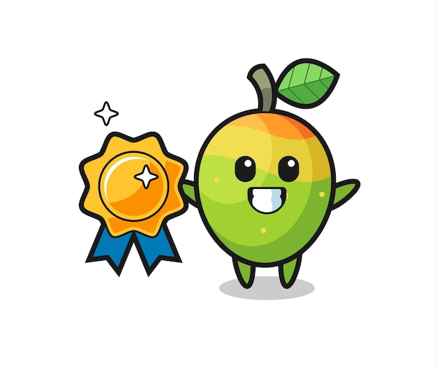 Mango mascot illustration holding a golden badge , cute style design for t shirt, sticker, logo element