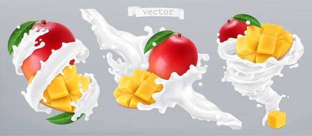 Mango and milk splash, yogurt. 3d realistic vector illustration