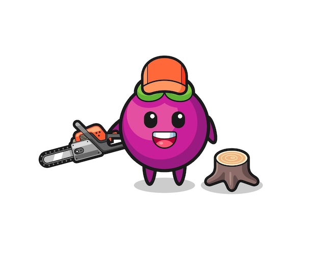 Mangosteen lumberjack character holding a chainsaw , cute design