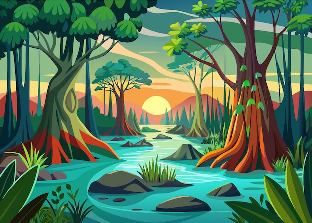 Vector mangrove forest landscape vector illustration