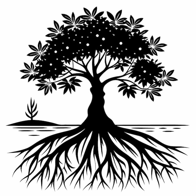 Mangrove Tree roots visible in a coastal setting silhouette vector on white background