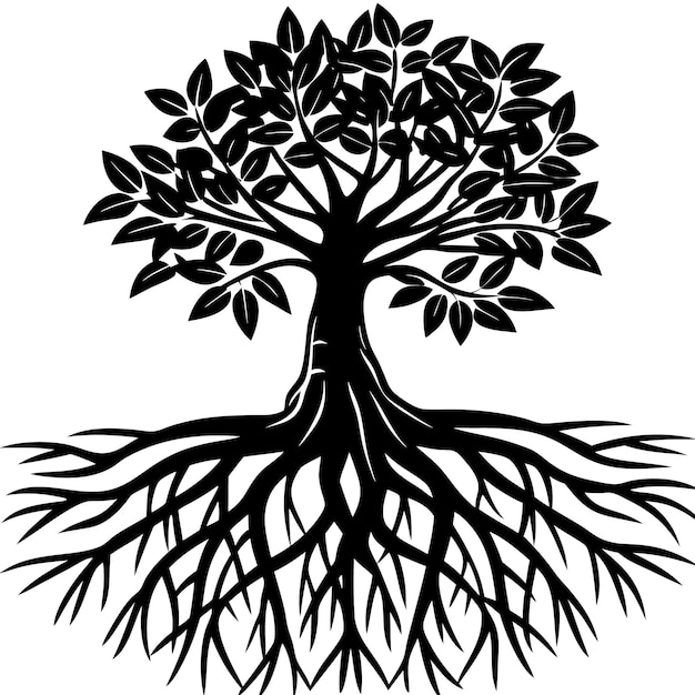 Mangrove Tree roots visible in a coastal setting silhouette vector on white background