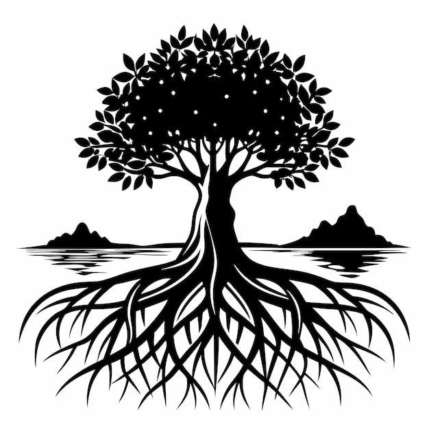 Mangrove Tree roots visible in a coastal setting silhouette vector on white background