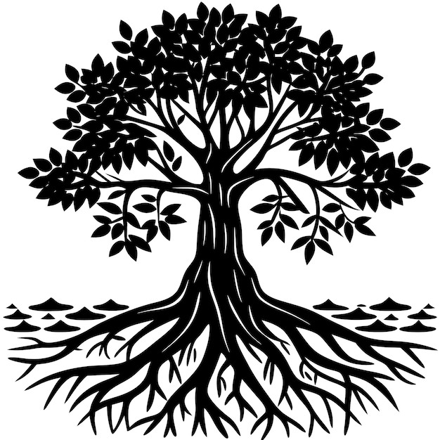 Mangrove Tree roots visible in a coastal setting silhouette vector on white background