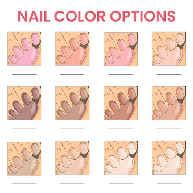 Manicure nude nail polish options. Infographic showing various colors and hues of pink and beige nail lacquer. Template for brochures, flyers, web sites. Vector illustration, cute comics style.