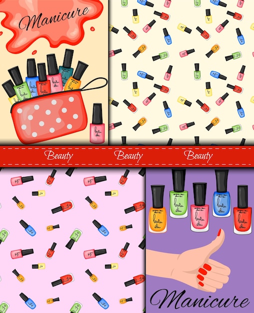 Manicure salon and nails care studio vector templates set symbols of woman hands and colorful nail p