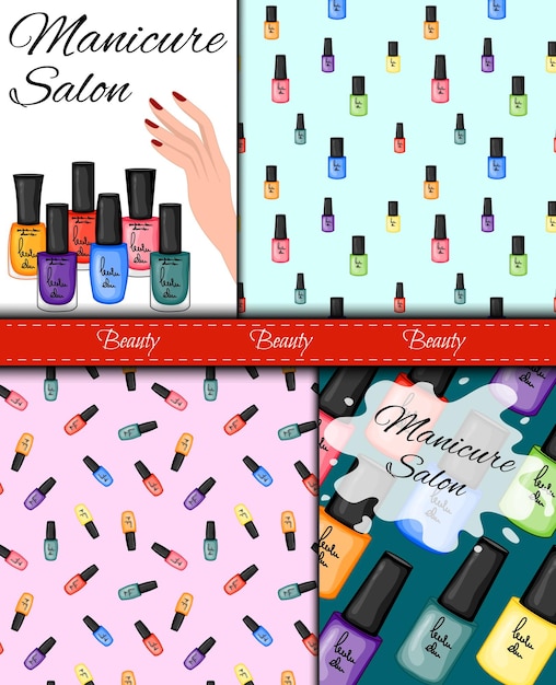 Manicure salon and nails care studio vector templates set symbols of woman hands and colorful nail p