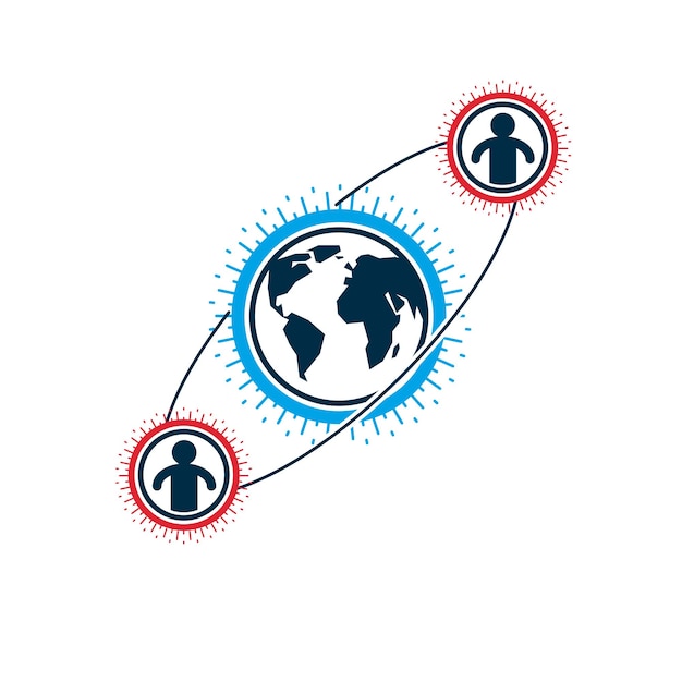 Mankind and Person conceptual logo, unique vector symbol created with different icons. System and social Matrix sign. Person and world interacts with each other. System and social Matrix sign.