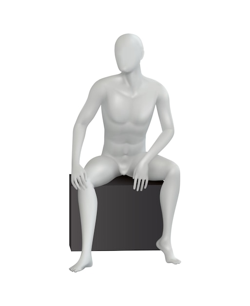 Mannequins realistic composition with isolated image of sitting dummy male body vector illustration