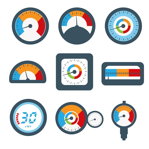 Manometer set, pressure and Temperature gauge set icons.