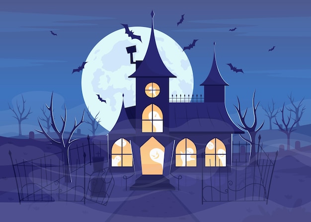 Mansion with ghosts flat color vector illustration