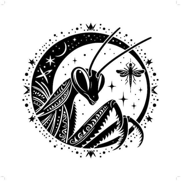 Mantis silhouette in bohemian boho nature illustration