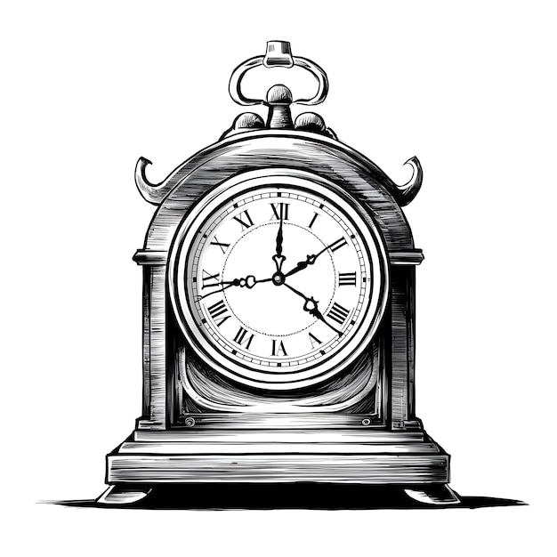 Mantle clock engraved style ink sketch drawing black and white vector illustration