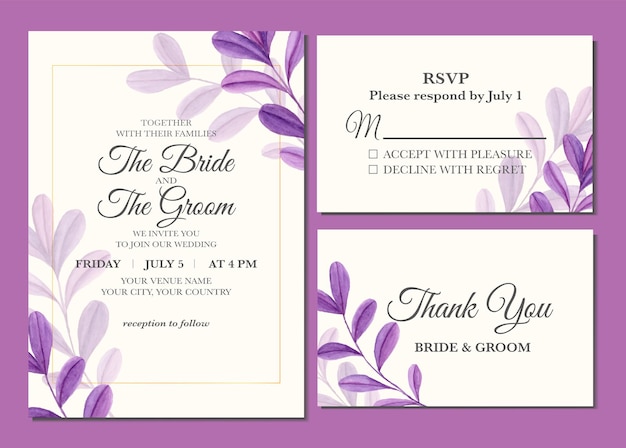 Manual painted of magenta leaves watercolor as wedding invitation