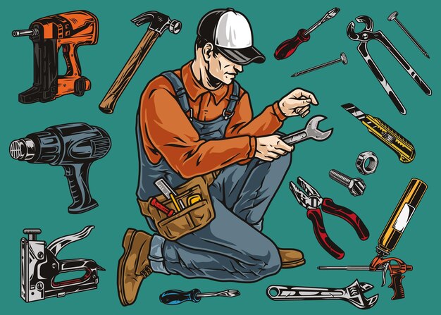 Vector manual worker and tools colorful details set