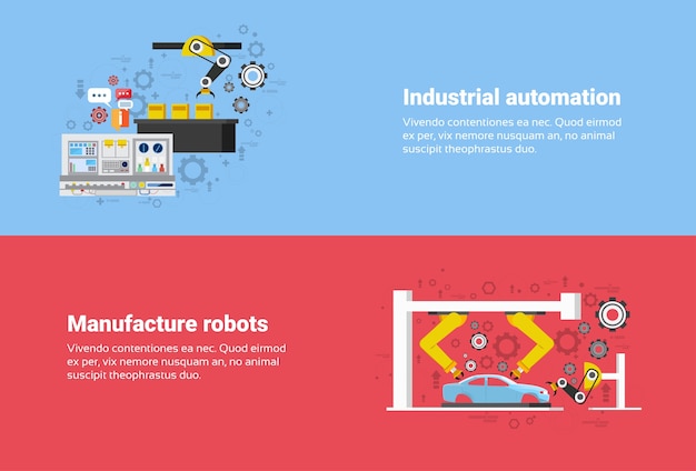 Manufacture Robots Industrial Automation Production Web Banner Flat Vector Illustration